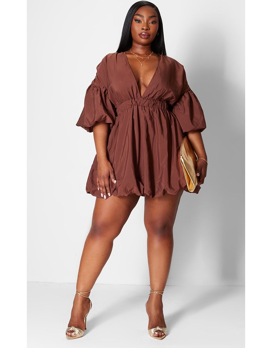 Plus Brown Puff Sleeve Puffball Hem Dress