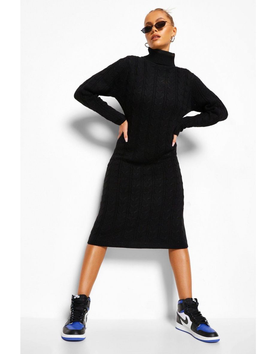 Roll Neck Cable Jumper Dress - black