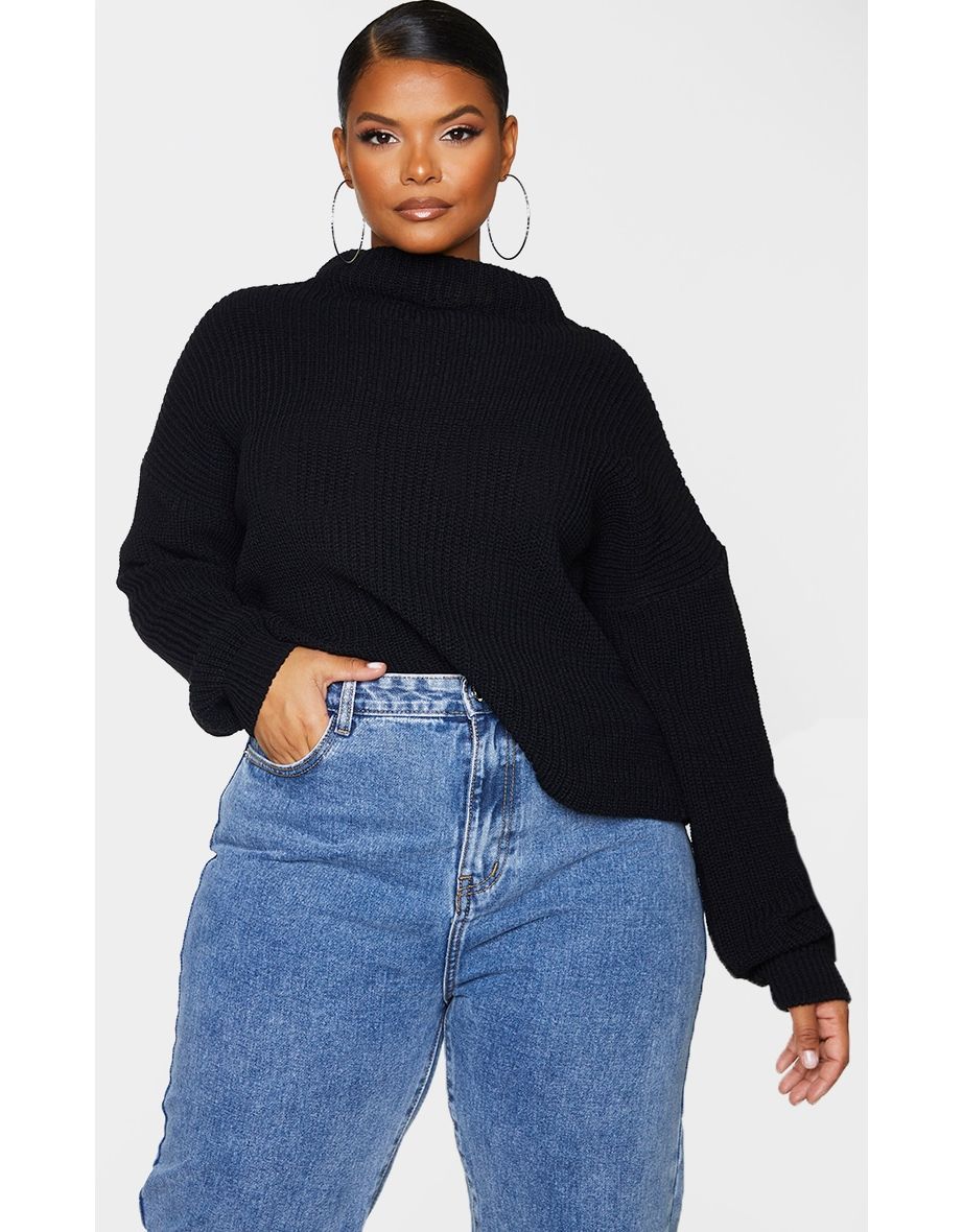 Plus Black High Neck Knitted Side Split Jumper