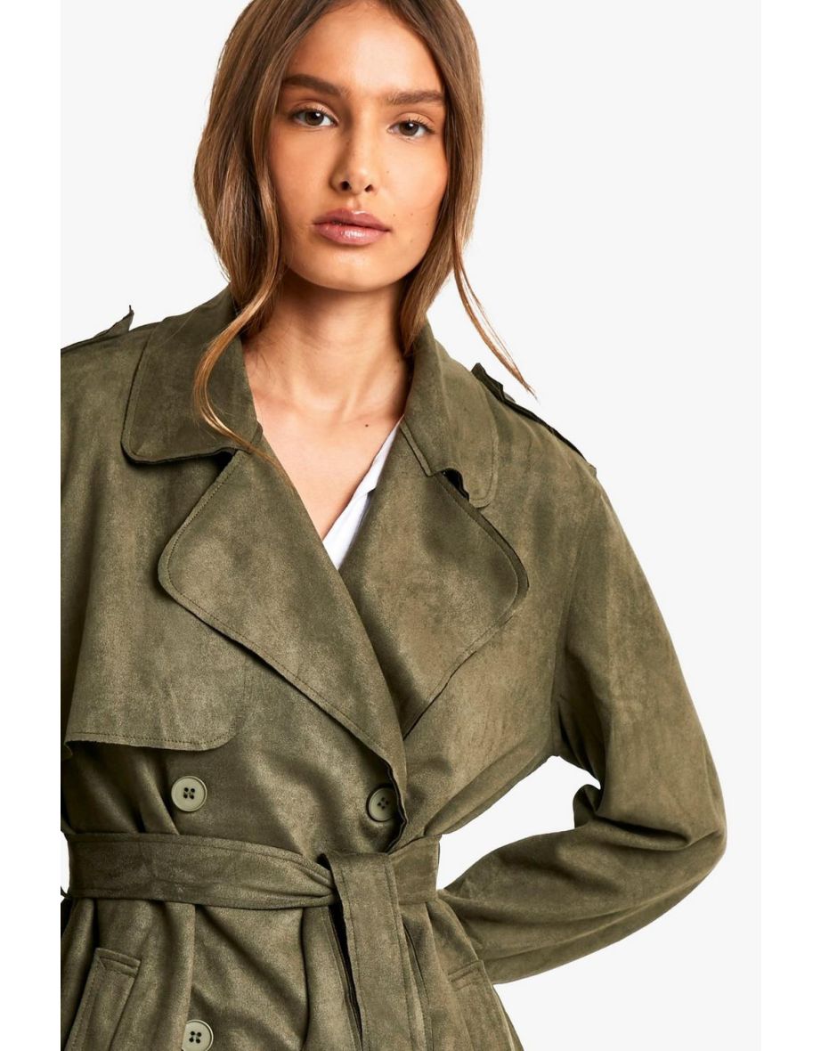 Suede Look Trench Coat - khaki - 3