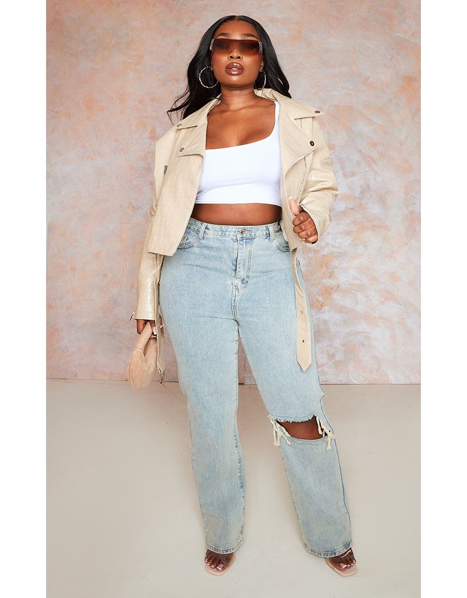 Plus Stone Croc Faux Leather Oversized Biker Jacket