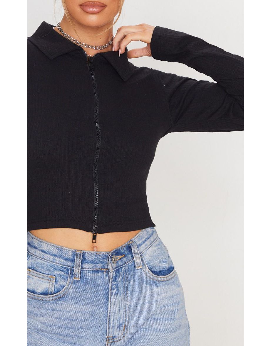 Black Jumbo Rib Collar Double Zip Top - 4