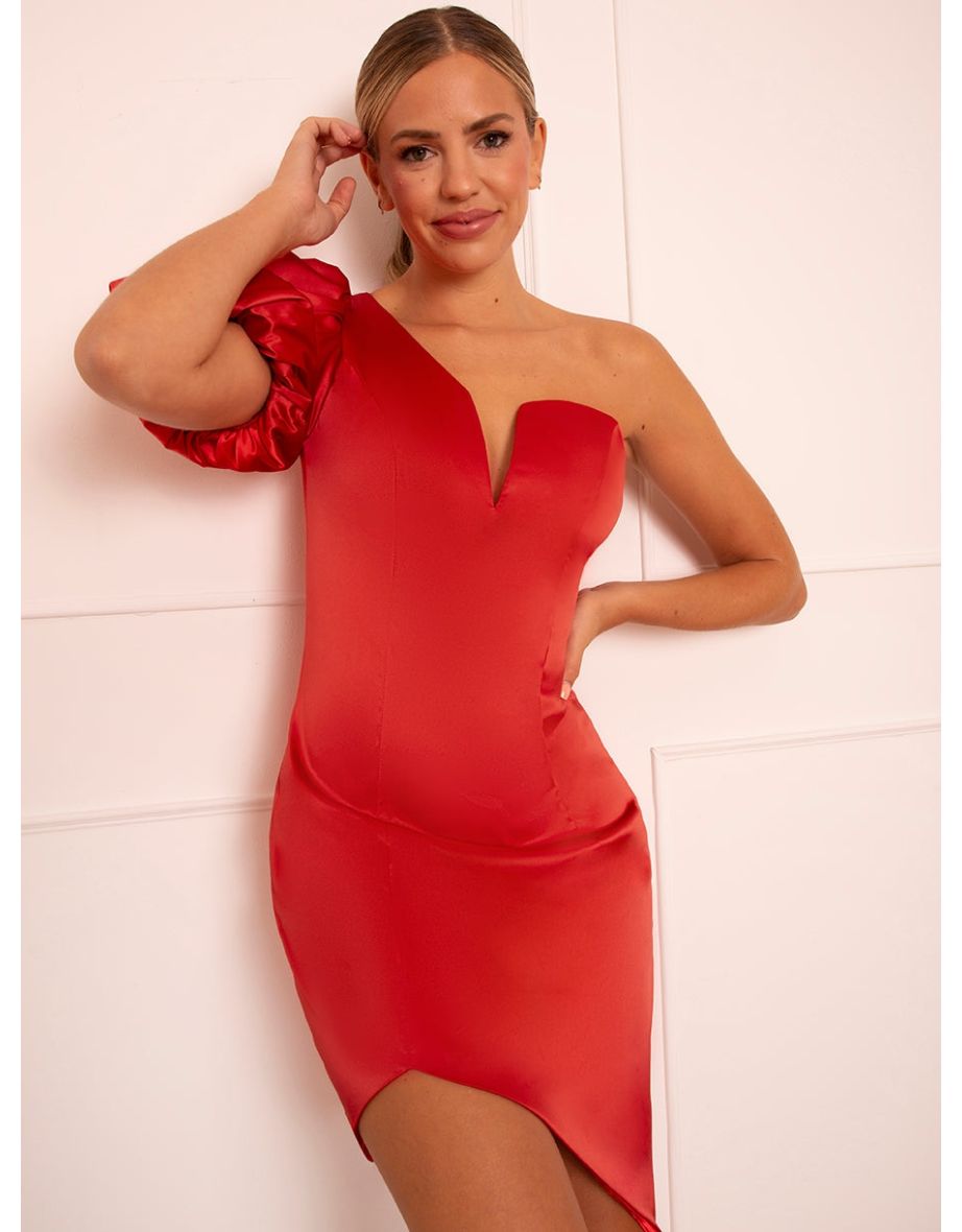One Shoulder Puff Sleeve Bodycon Dress in Red