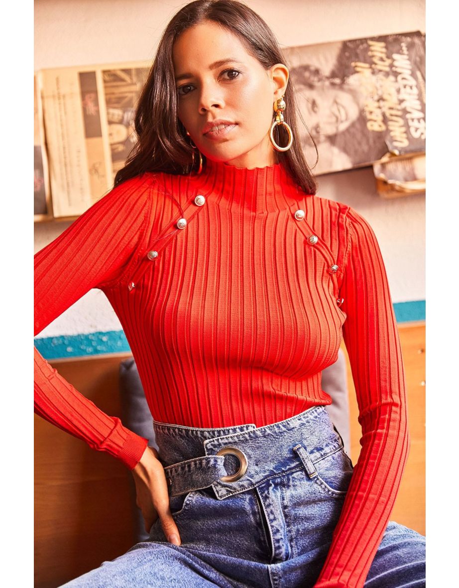 Women's Red High Neck Thick Ribbed Button Detailed Knitwear top