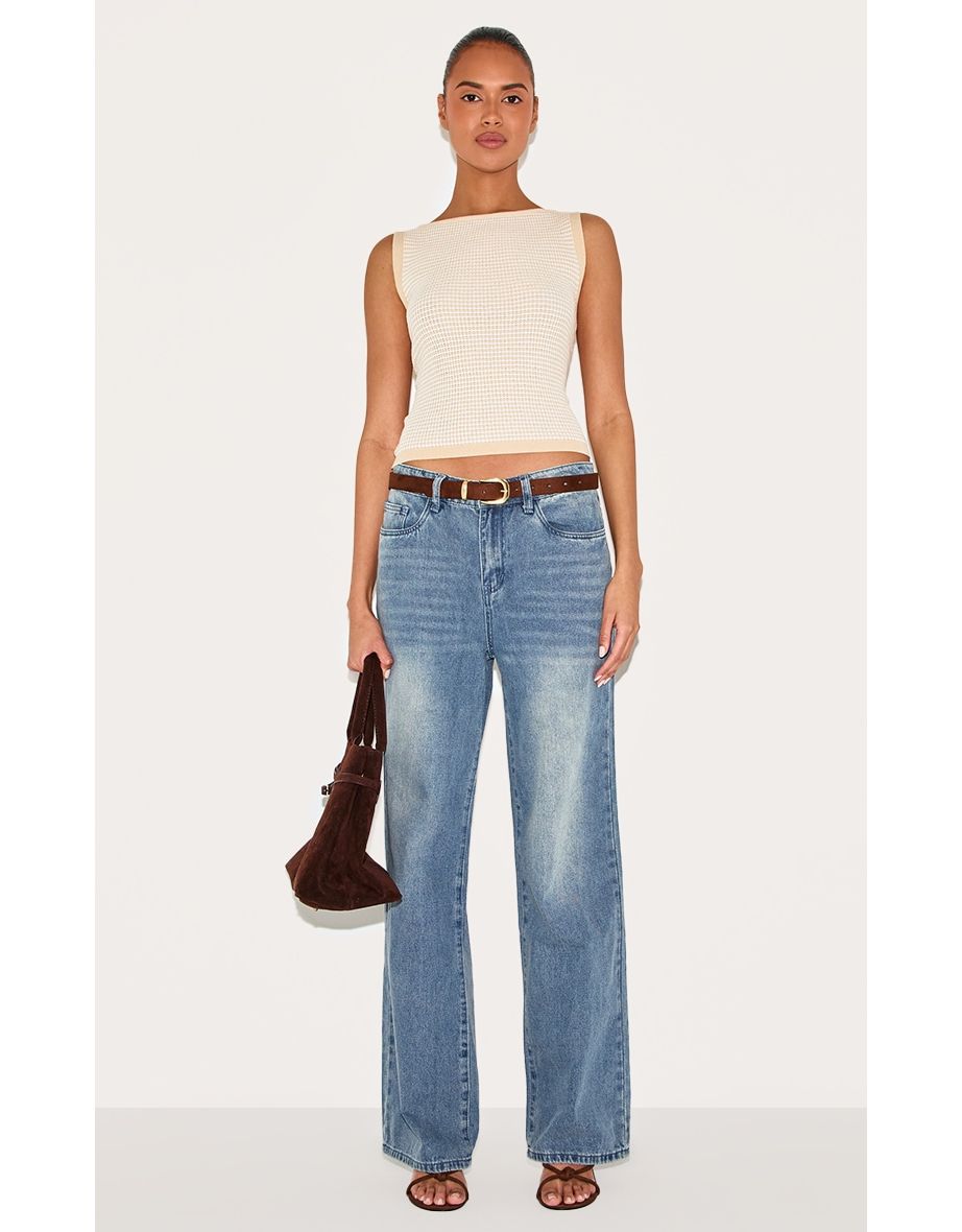 Beige Stripe Waffle Knit Boat Neck Top