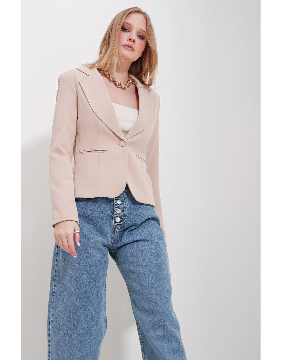 Women's Beige Inner Lined One Button Blazer