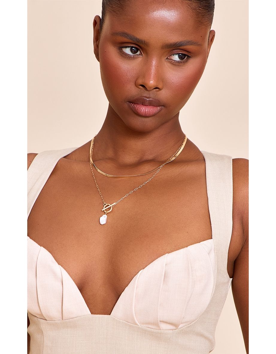 Gold Layered T-Bar Necklace With Pearl Detail