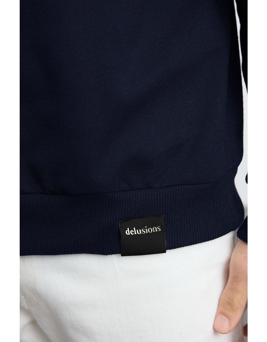 Navy Blue Oversize/Wide Cut Stand Collar Sweatshirt with Labeled Fleece Inside - 4