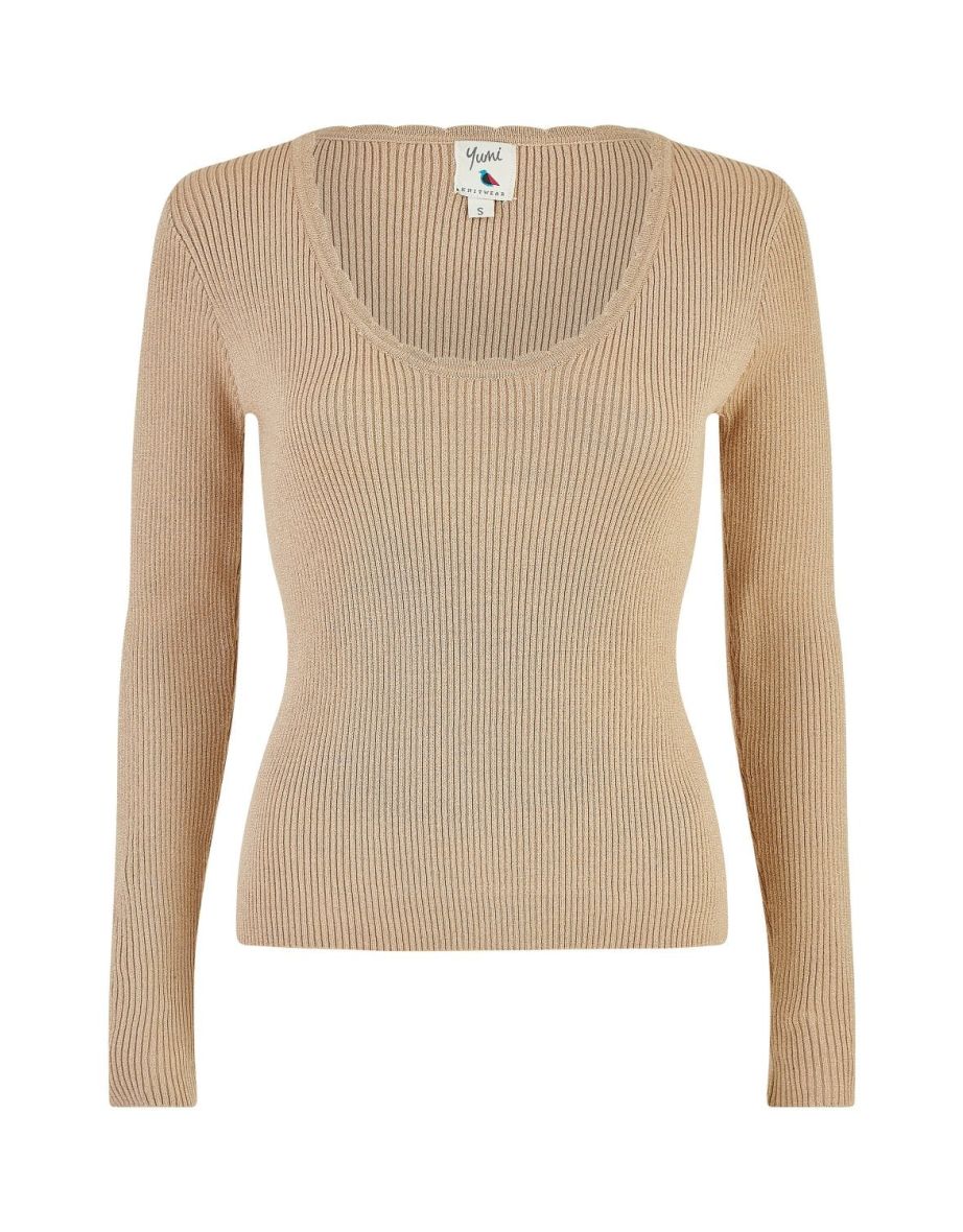 Yumi Gold Metallic Knitted Ribbed Top - 5
