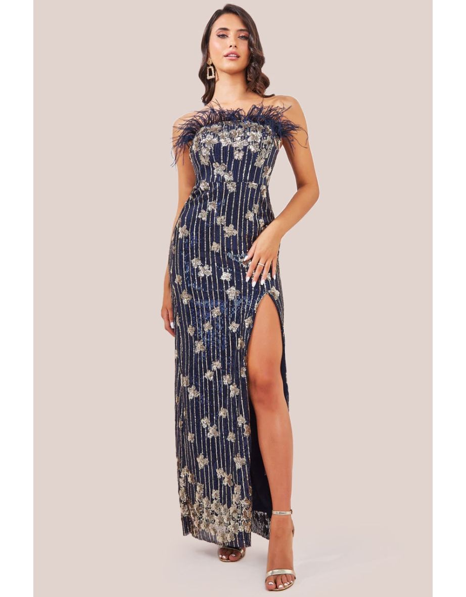 Goddiva Sequin And Feather Boobtube Maxi - Navy