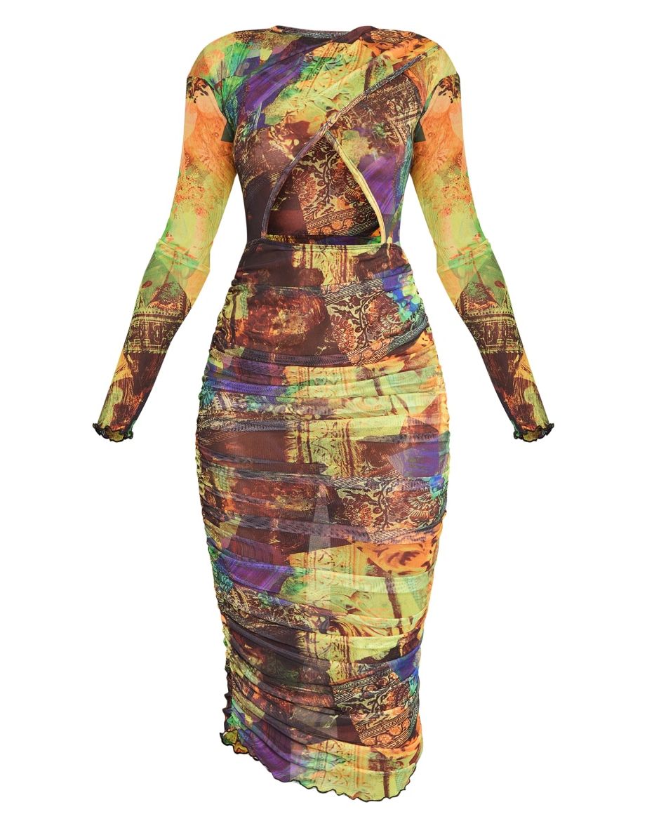 Yellow Abstract Print Ruched Mesh Long Sleeve Midi  Dress - 4