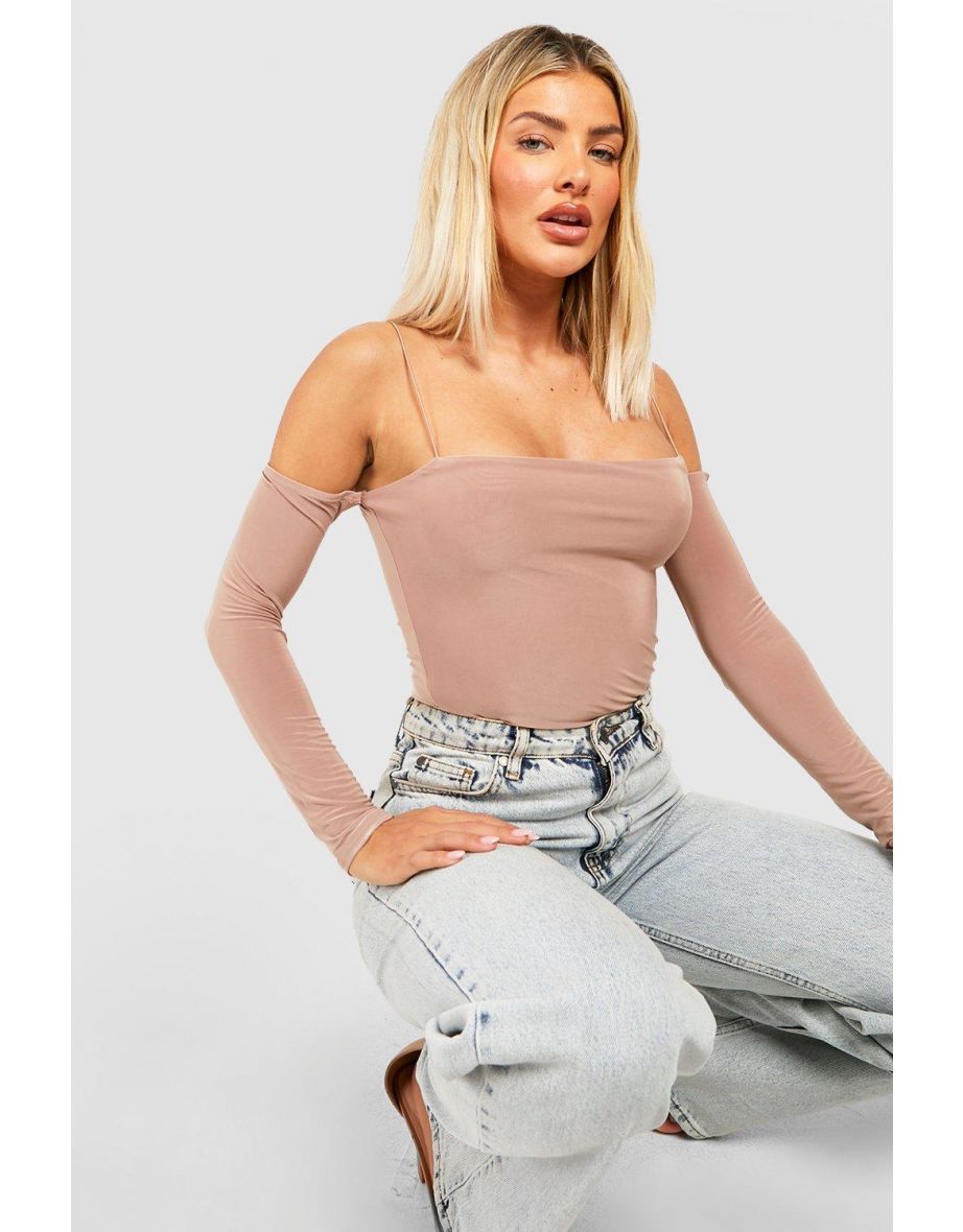 Double Layer Slinky Strappy Long Sleeve Top - taupe