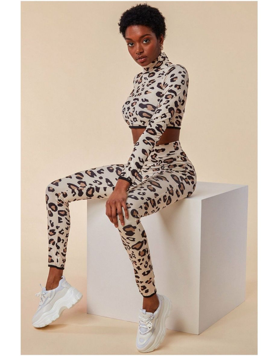 Cosmochic Leopard Print Crop Top&legging Lounge Set - Brown - 4