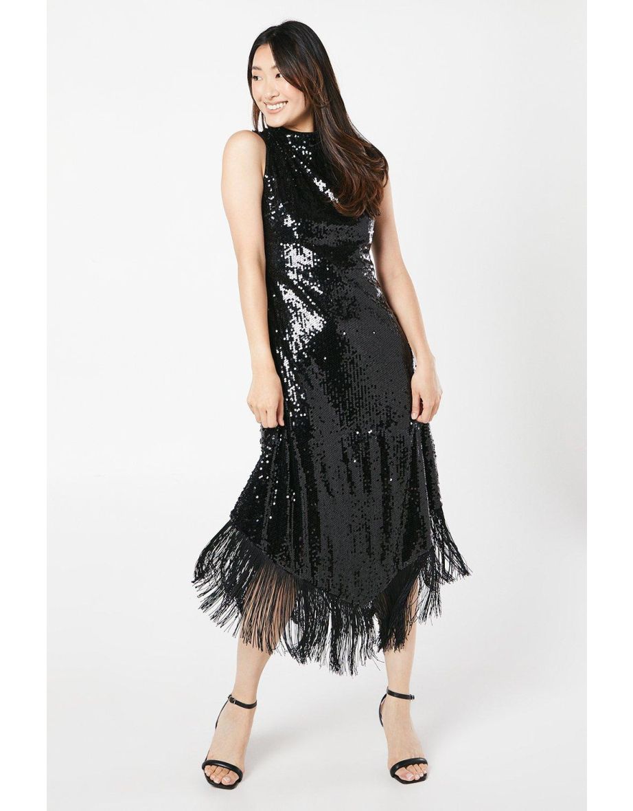 Fringe Hem High Neck Sequin Midaxi Dress
