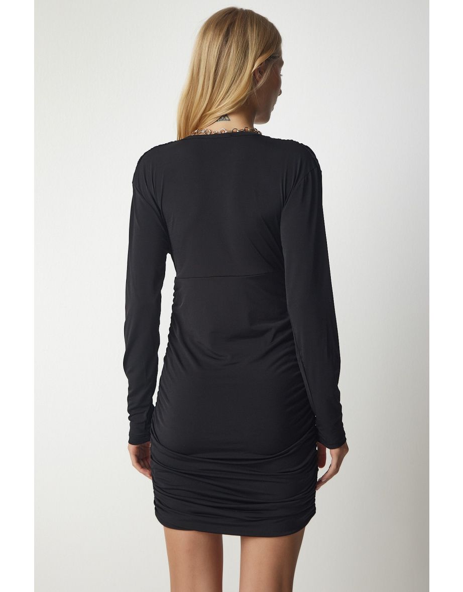 Black Ruched Bodycon Mini Party Dress with Long Sleeves - 6