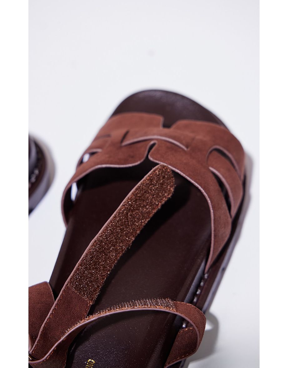 Wide Fit Chocolate Faux Suede Round Toe Velcro Strap Chunky Sandals - 3