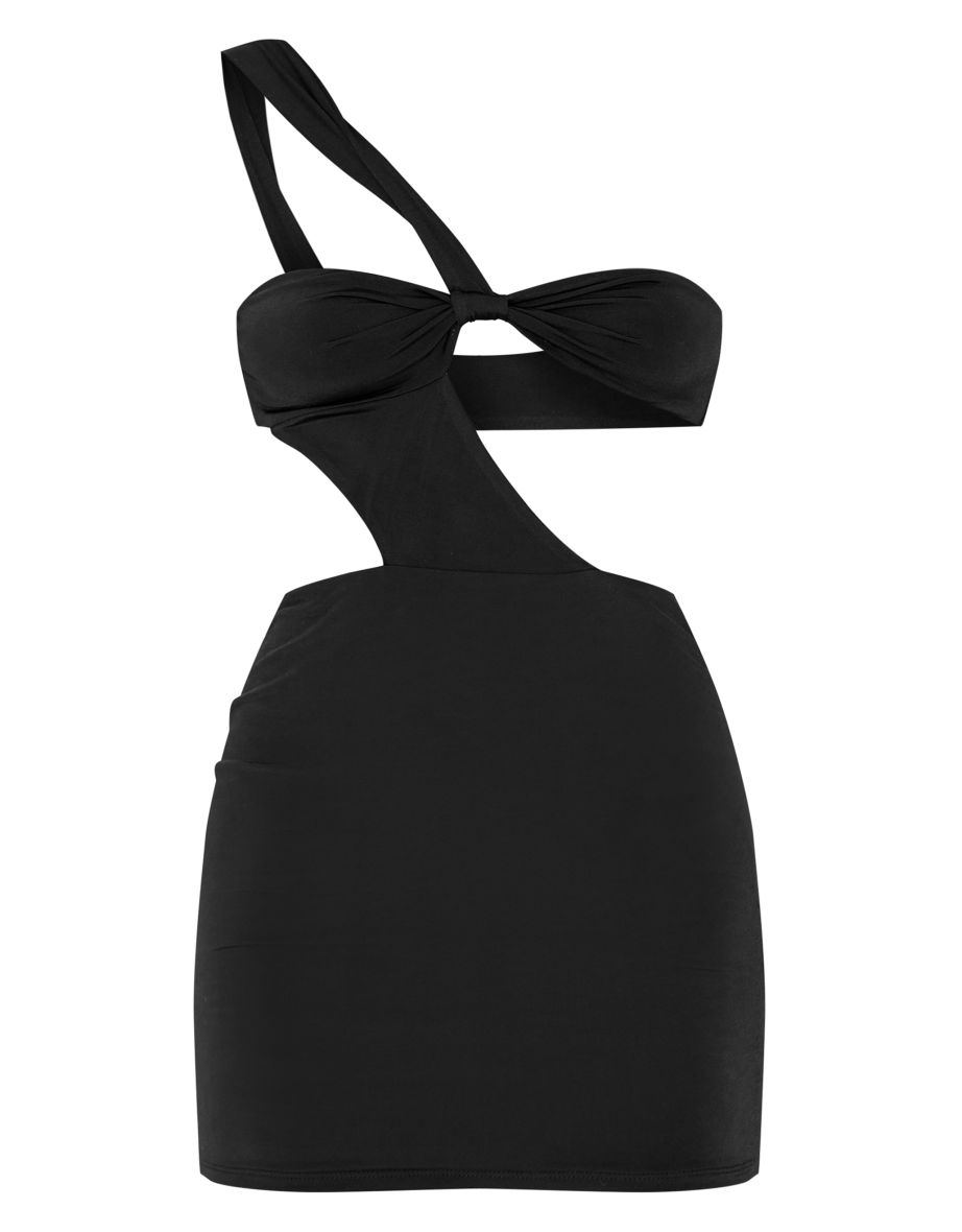 Black Slinky One Shoulder Twist Front Bodycon Dress - 4