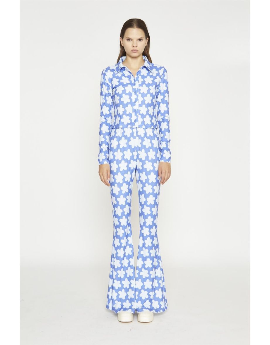 Blue-Large Flower Long-Sleeve Skinny-Fit-Shirt