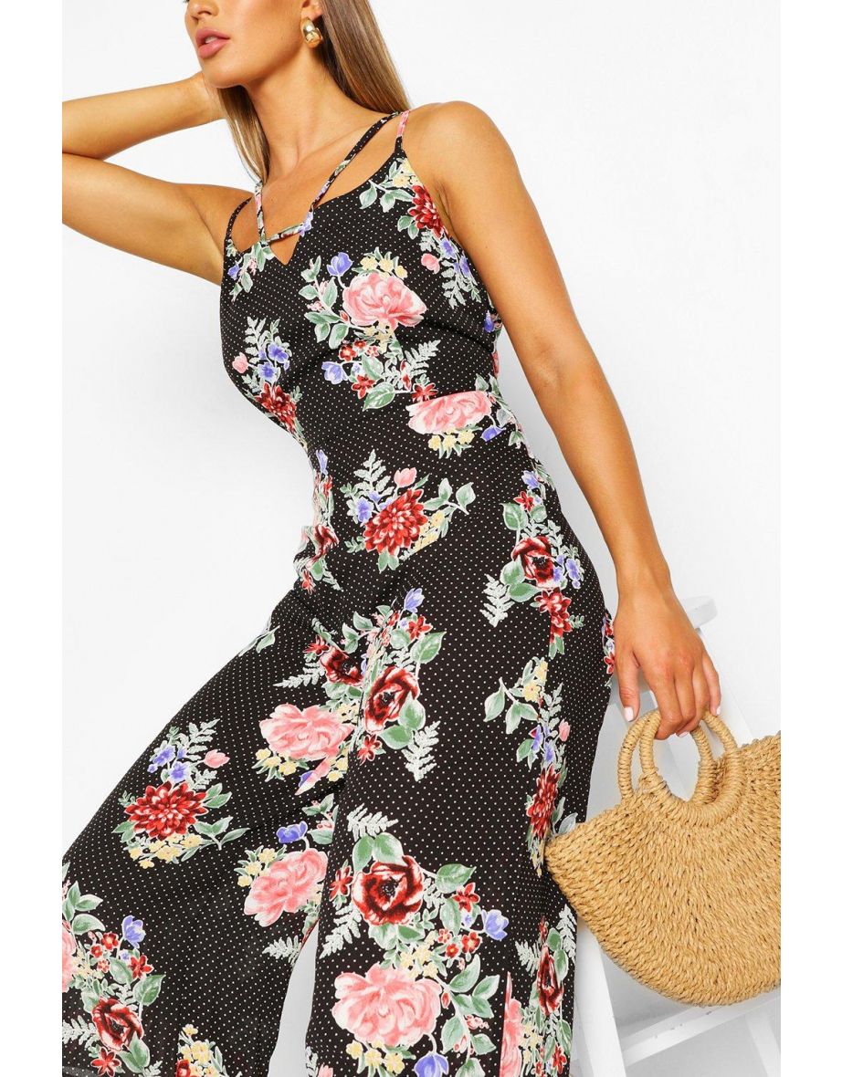 Floral Polka Dot Strappy Culotte Jumpsuit - black