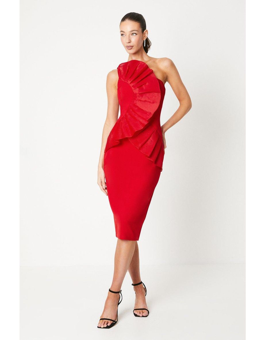 Pleated Front One Shoulder Midi Dress