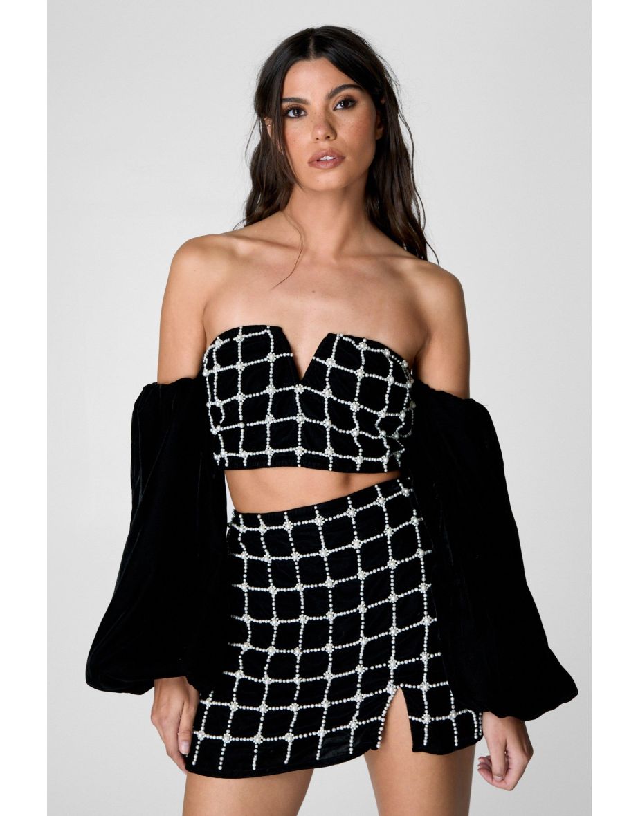 Pearl Embellished Velvet Bardot Top