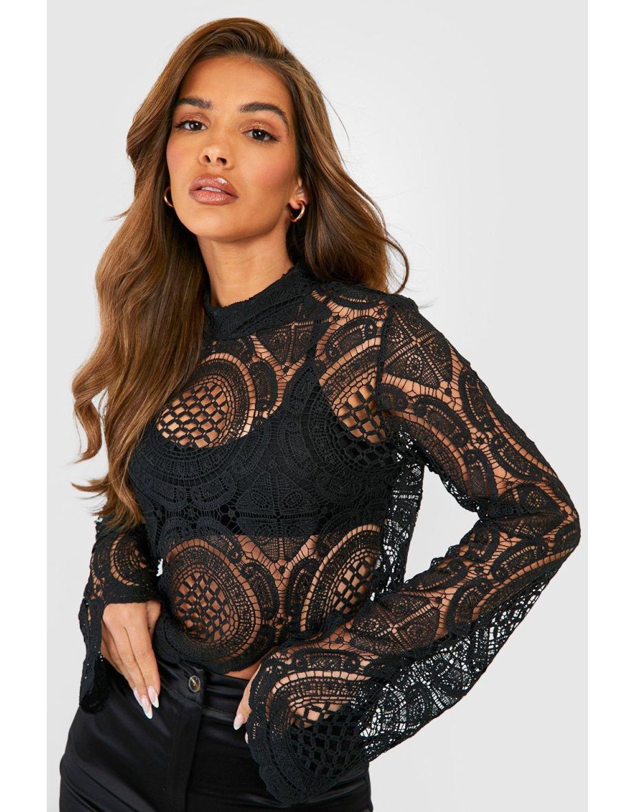 Turtle Neck Crochet Lace Crop Top - black - 3