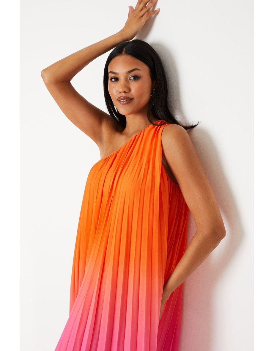 One Shoulder Sunray Pleat Ombre Maxi Dress - 3