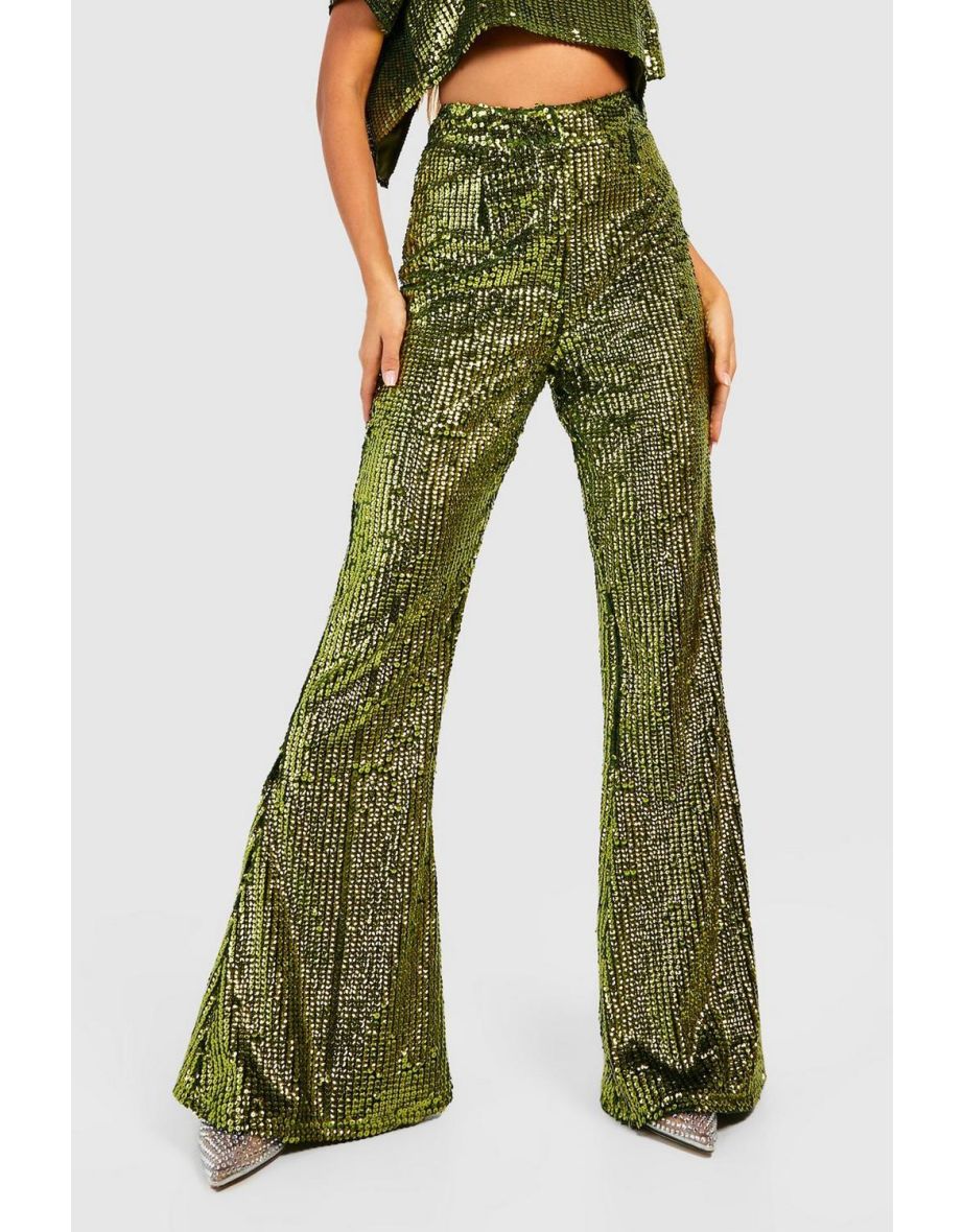 High Waist Sequin Flare Trousers - chartreuse - 3