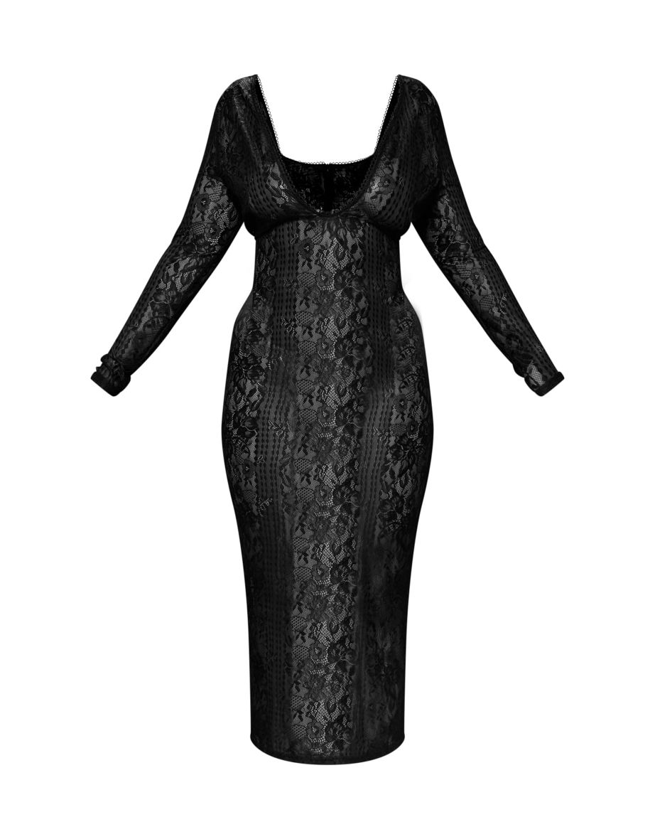 Plus Black Lace Long Sleeve Bodysuit Maxi Dress - 4