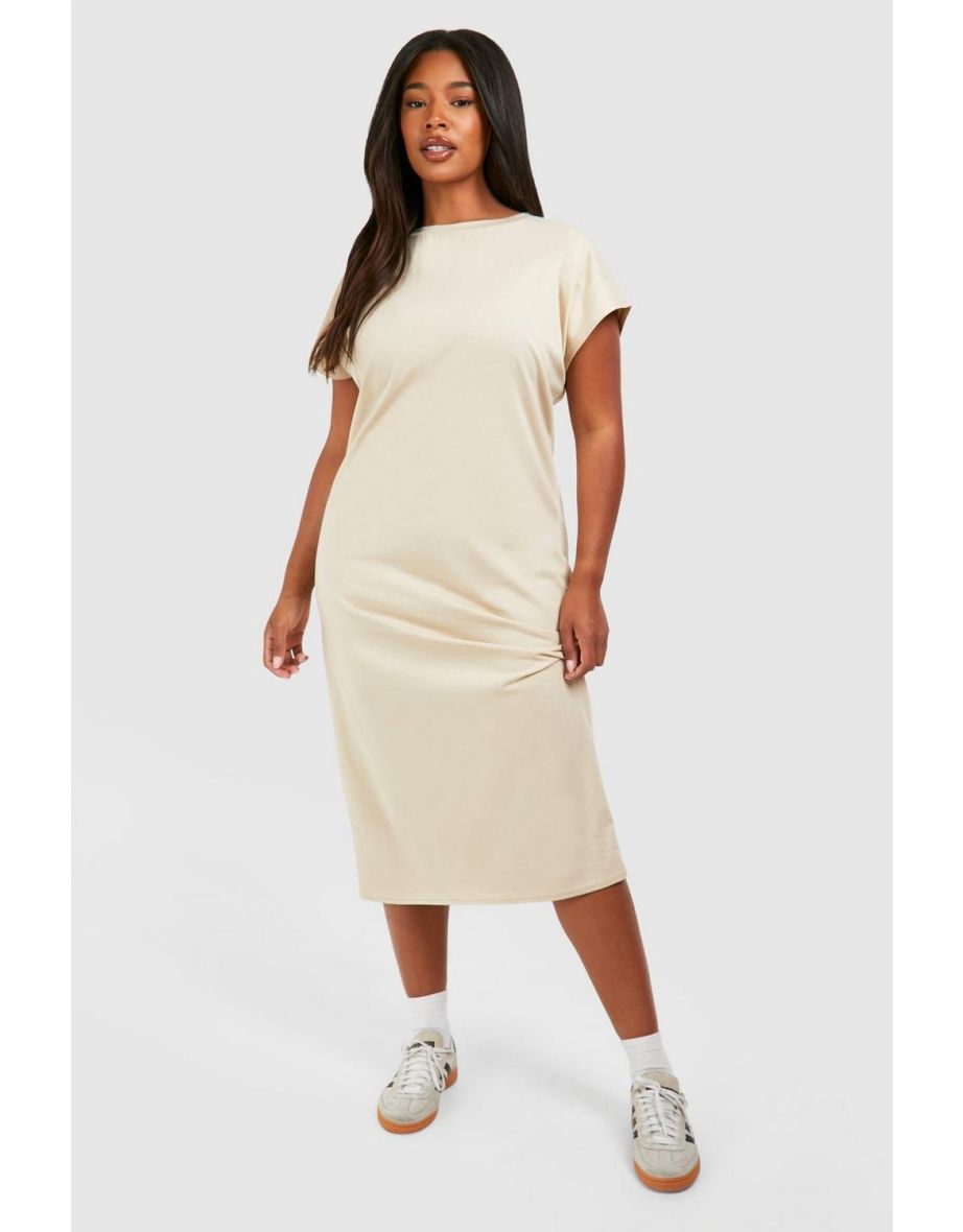 Plus Cotton Elastane Cap Sleeve T-shirt Dress - light stone