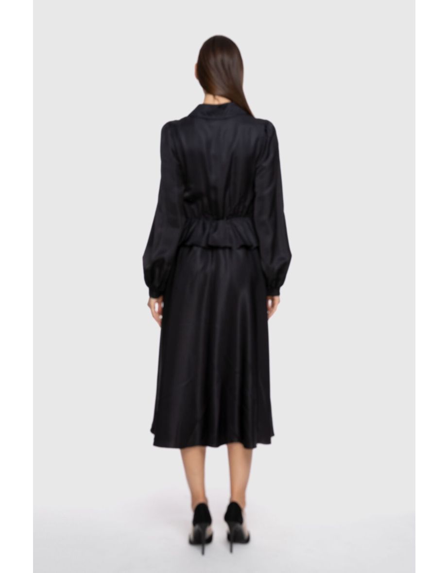 Tie Neck Detailed Skirt Pleated Black Midi Dress - 2