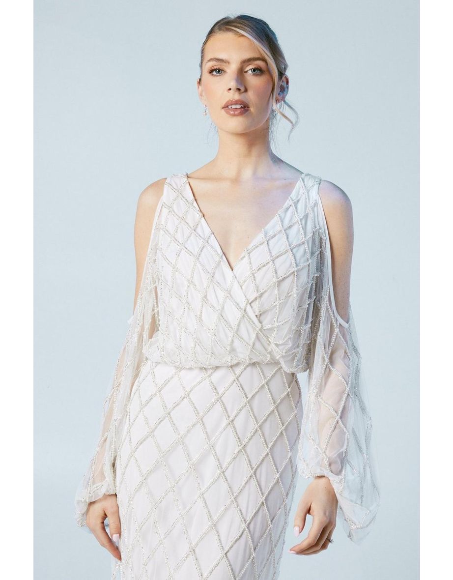 Geometric Embellished Cold Shoulder Wedding Dress - 3