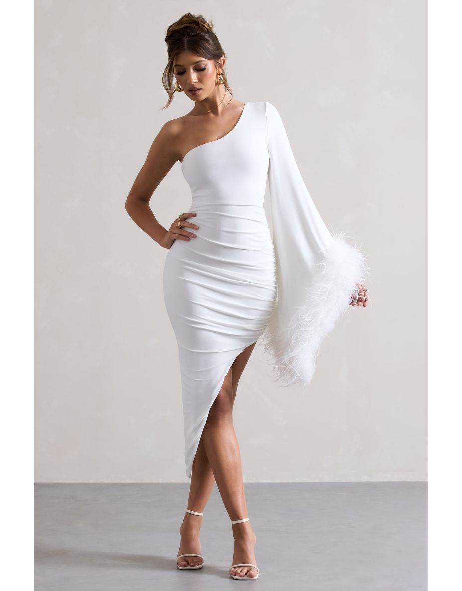 July | White Asymmetric Cape Sleeve Midi Dress With Feathers