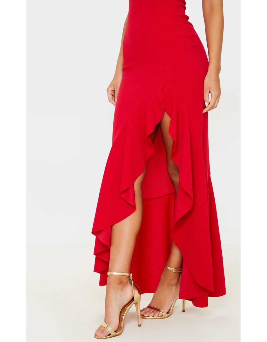 Red One Shoulder Frill Split Maxi Dress - 4