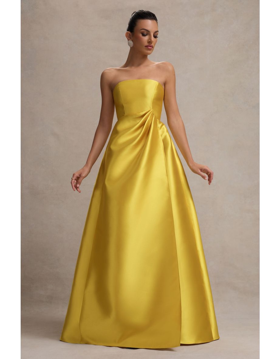 Universe | Mustard Bandeau Split Puff-Skirt Maxi Dress