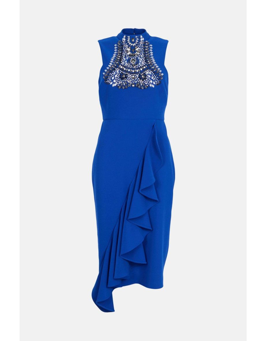 Embellished Ruffle Figure Form Crepe Dress - 3