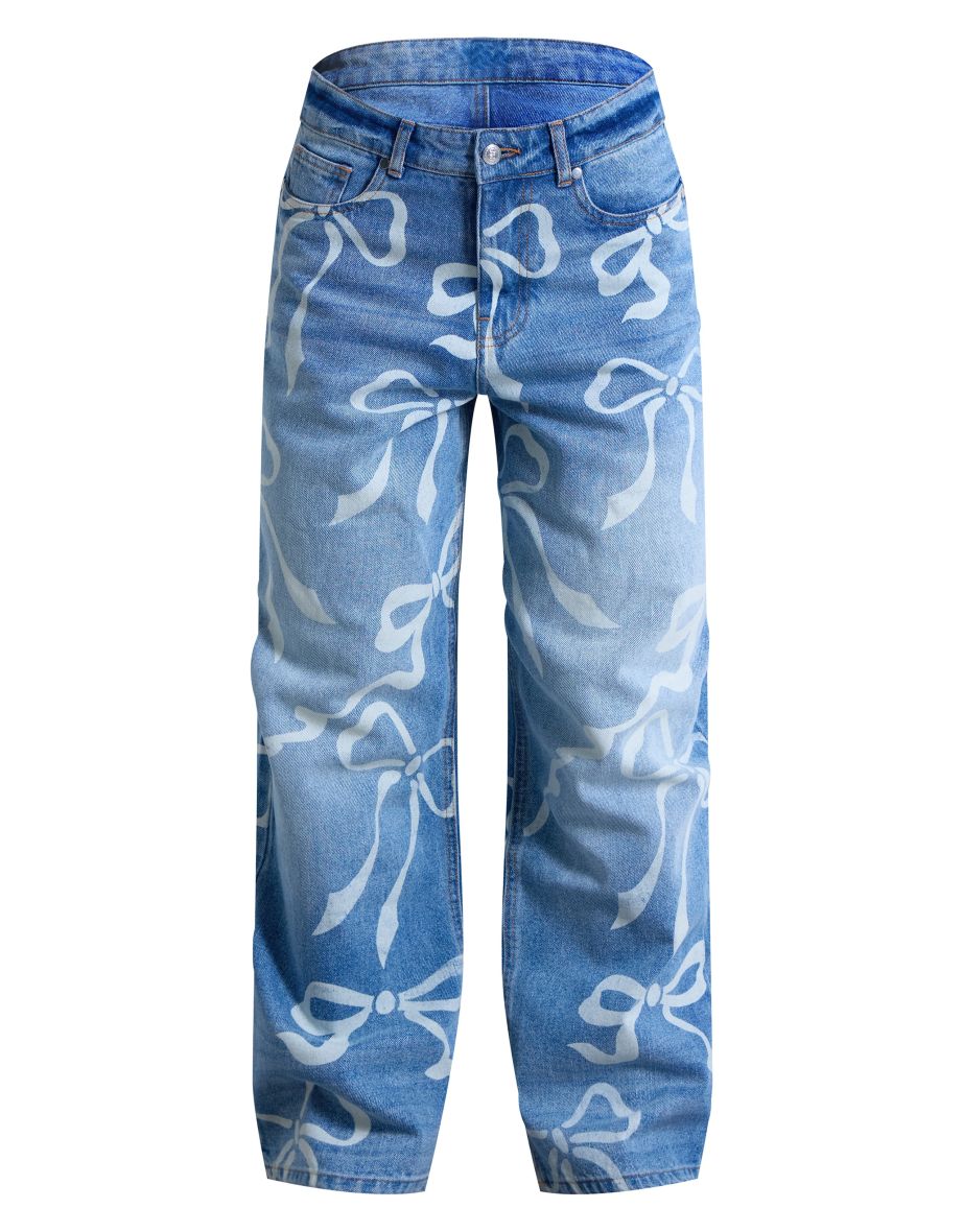 Light Blue Ribbon Detail Laser Print Jeans - 4