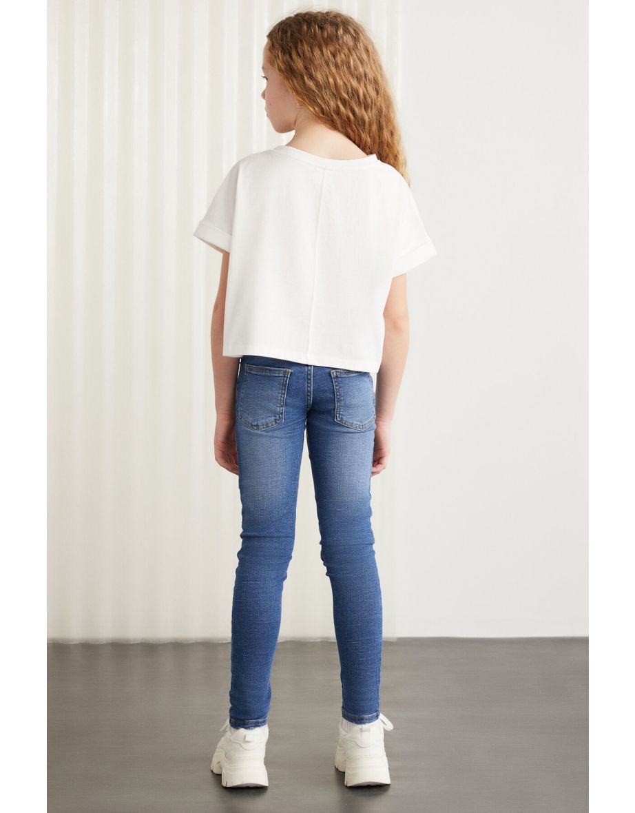 Verena Girl's 100% Cotton Double Sleeve White T-shirt with Ornamental Label - 4