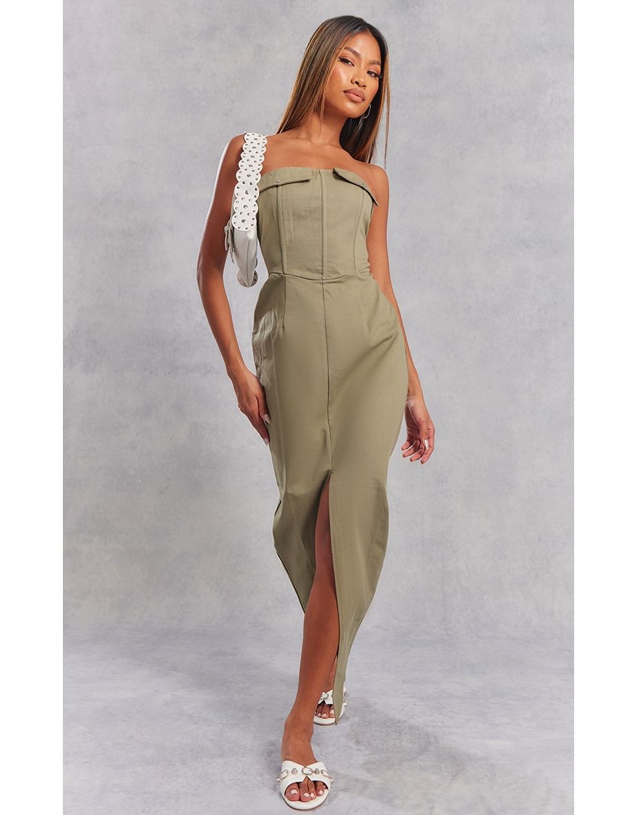 Shop Sage Khaki Cargo Boned Pocket Front Split Midaxi Dress Online in Qatar VogaCloset