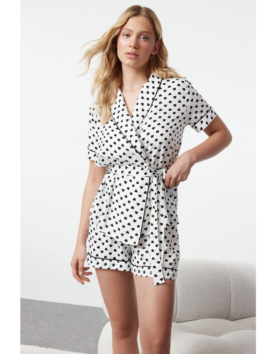 Ecru Patterned Belted Piping Detailed Viscose Shirt-Shorts Woven Pajama Set