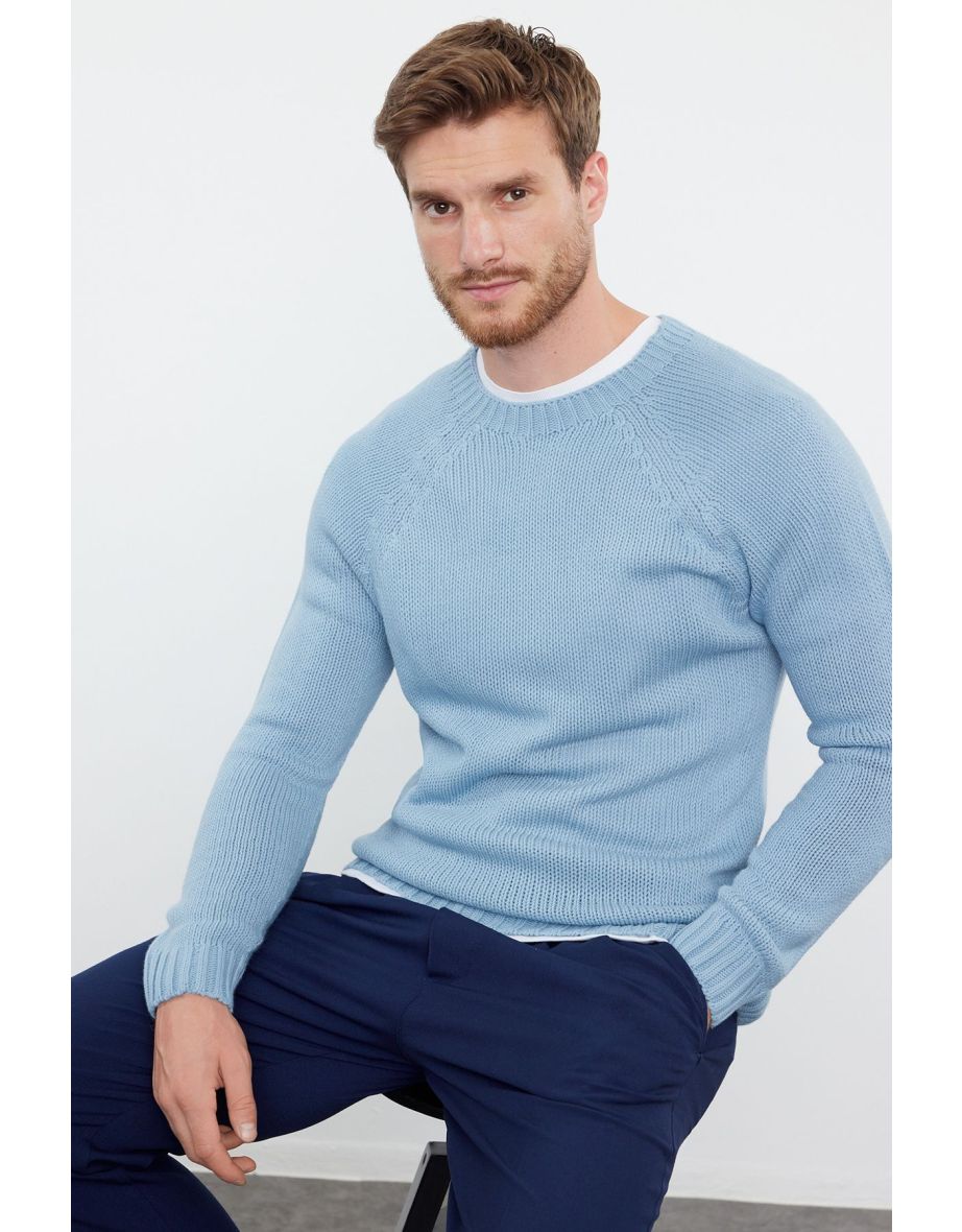 Men's Blue Slim Fit Crew Neck Raglan Sleeve Seamless Basic Knitwear Sweater - 4
