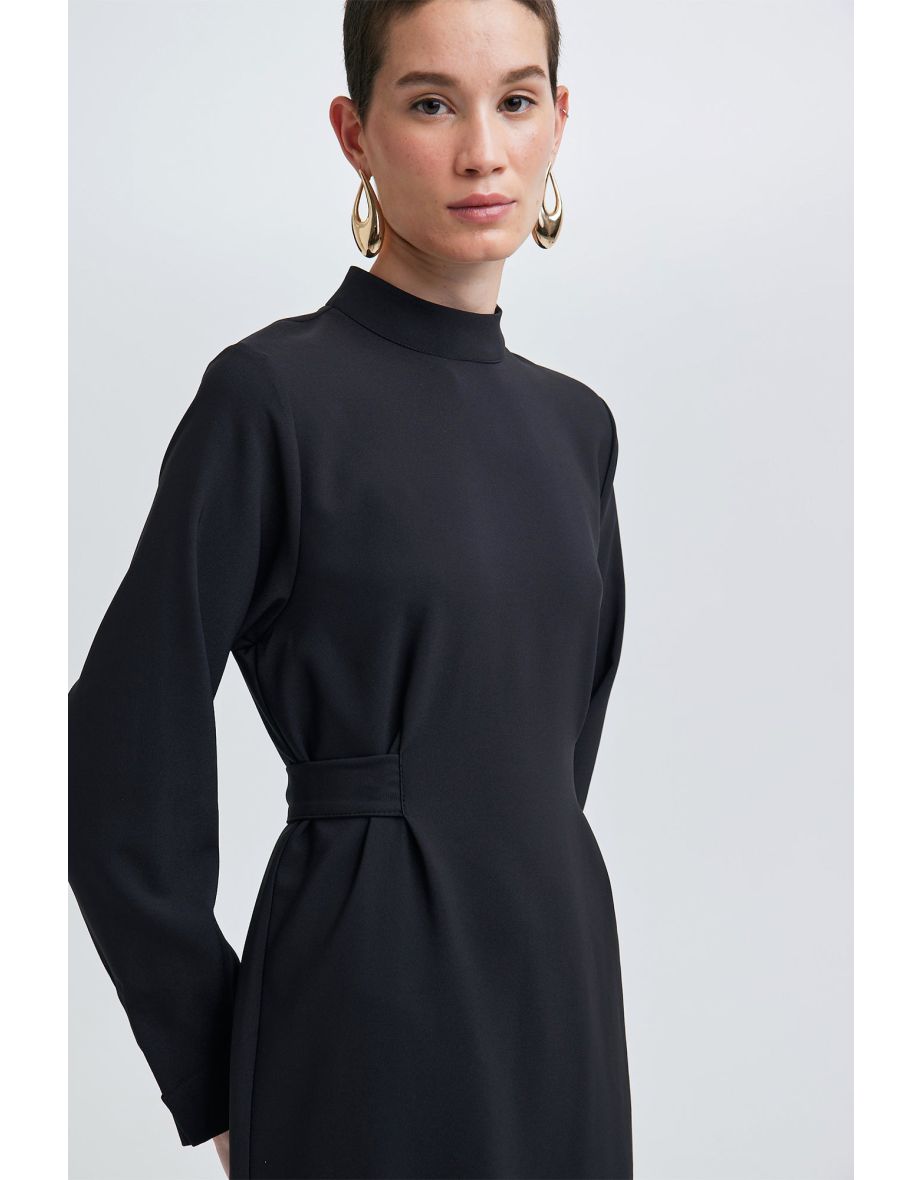 BELT WAISTED CREPE DRESS - 4