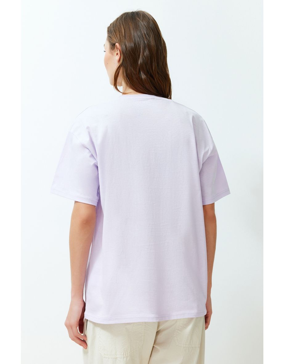 Lilac Oversize Printed Crew Neck Short Sleeve Knitted T-Shirt - 5
