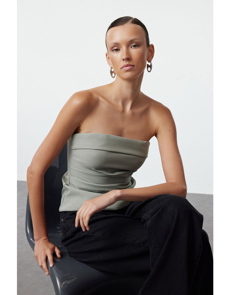 Light Khaki Strapless Fitted Draped Woven Blouse