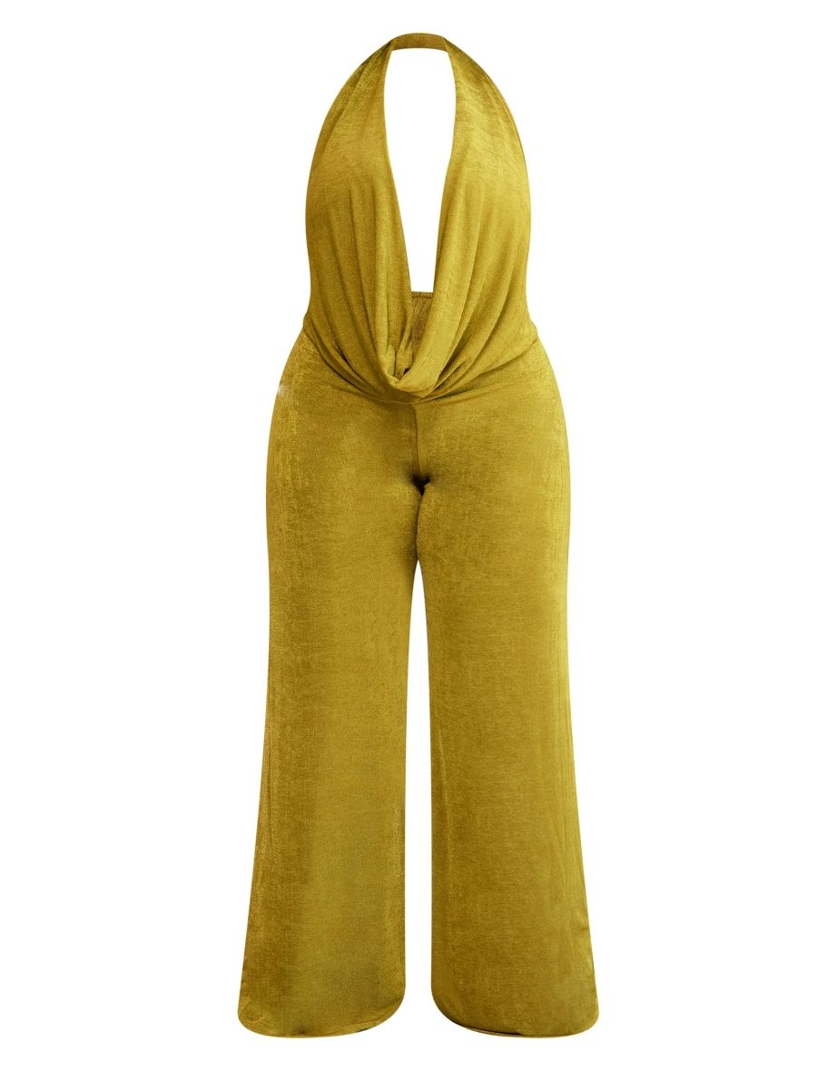 Plus Olive Acetate Slinky Plunge Jumpsuit - 4