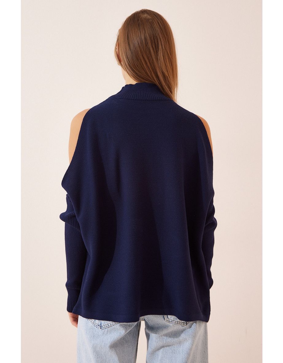 Women's Navy Blue Cut Out Detailed Oversized Knitwear Sweater - 3