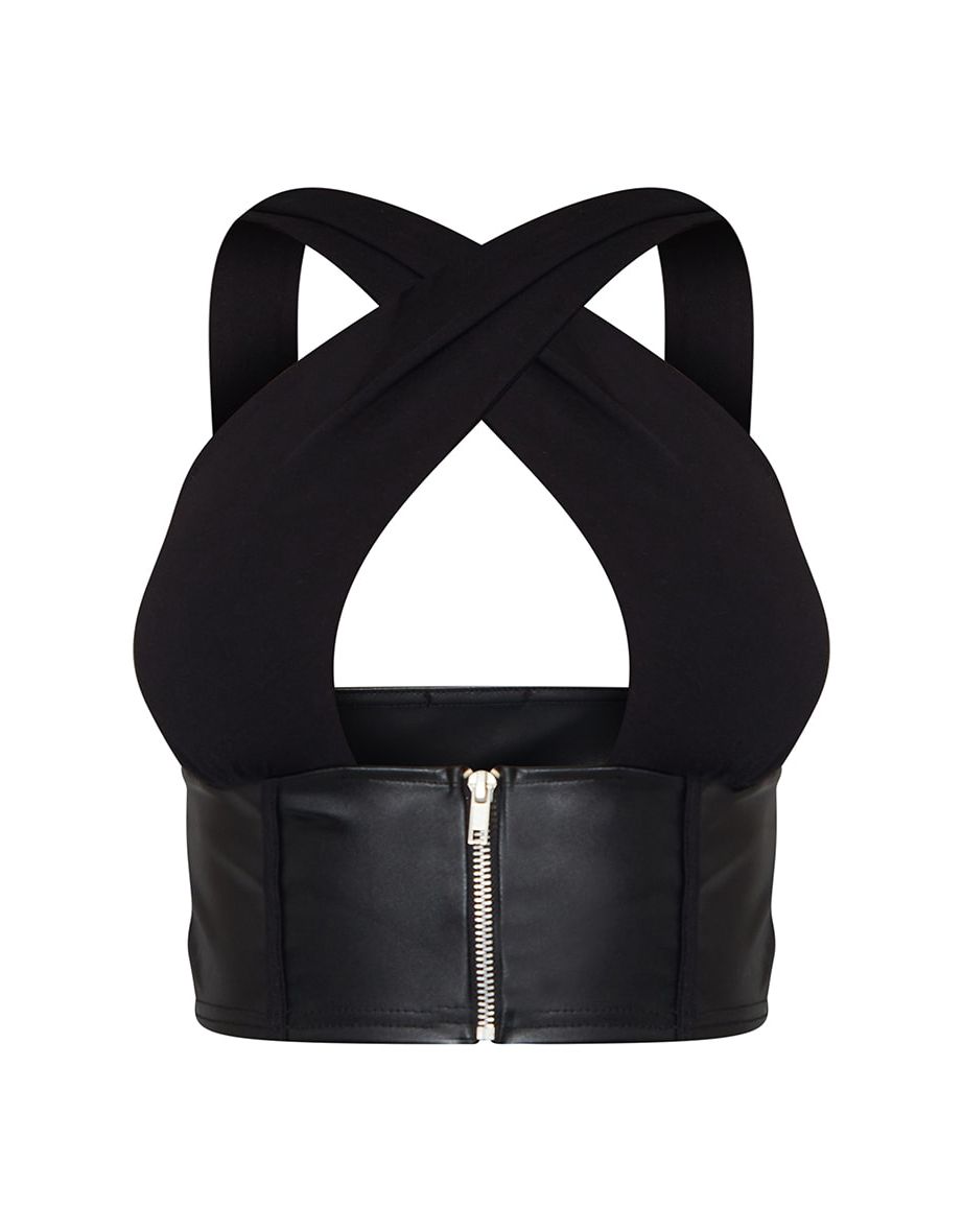 Black Pu Underbust Strap Detail Crop Top - 4