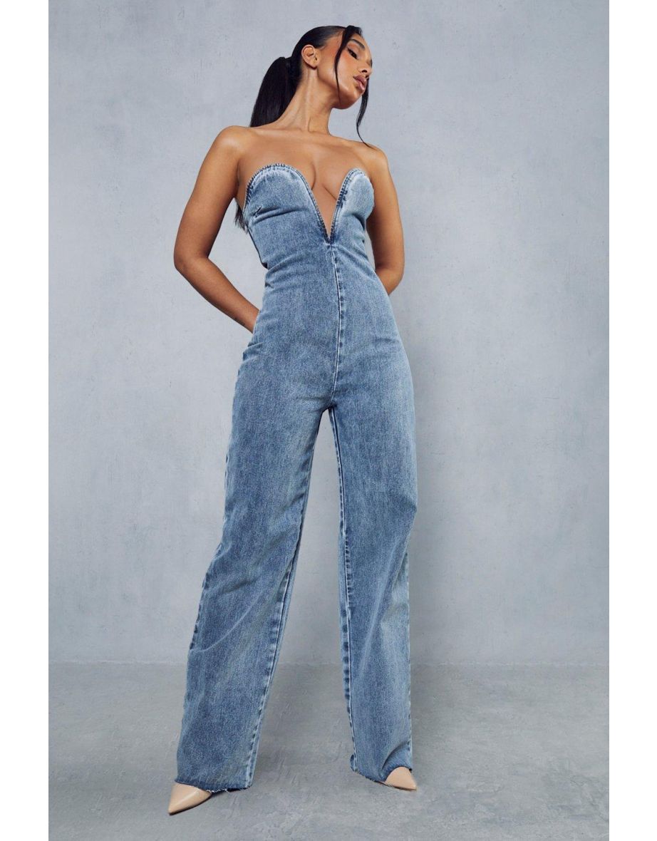 Plunging denim hot sale jumpsuit