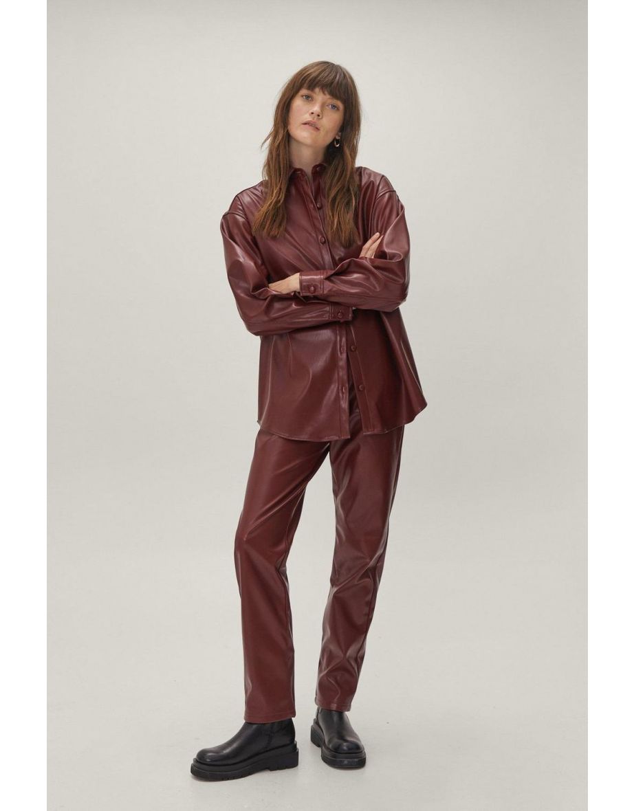High Waisted Faux Leather Pants - wine
