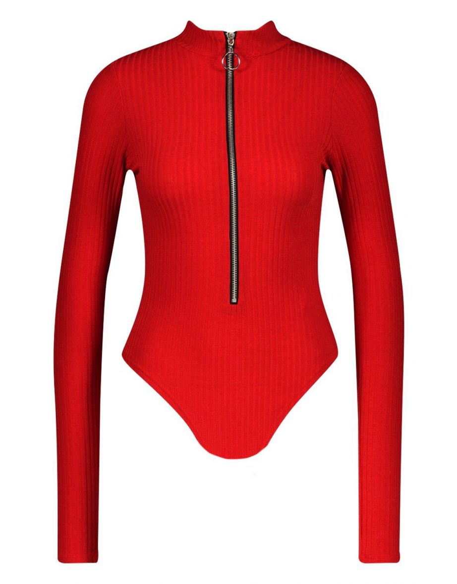 Tall Long Sleeve Zip Front Knitted Rib Bodysuit - red - 2